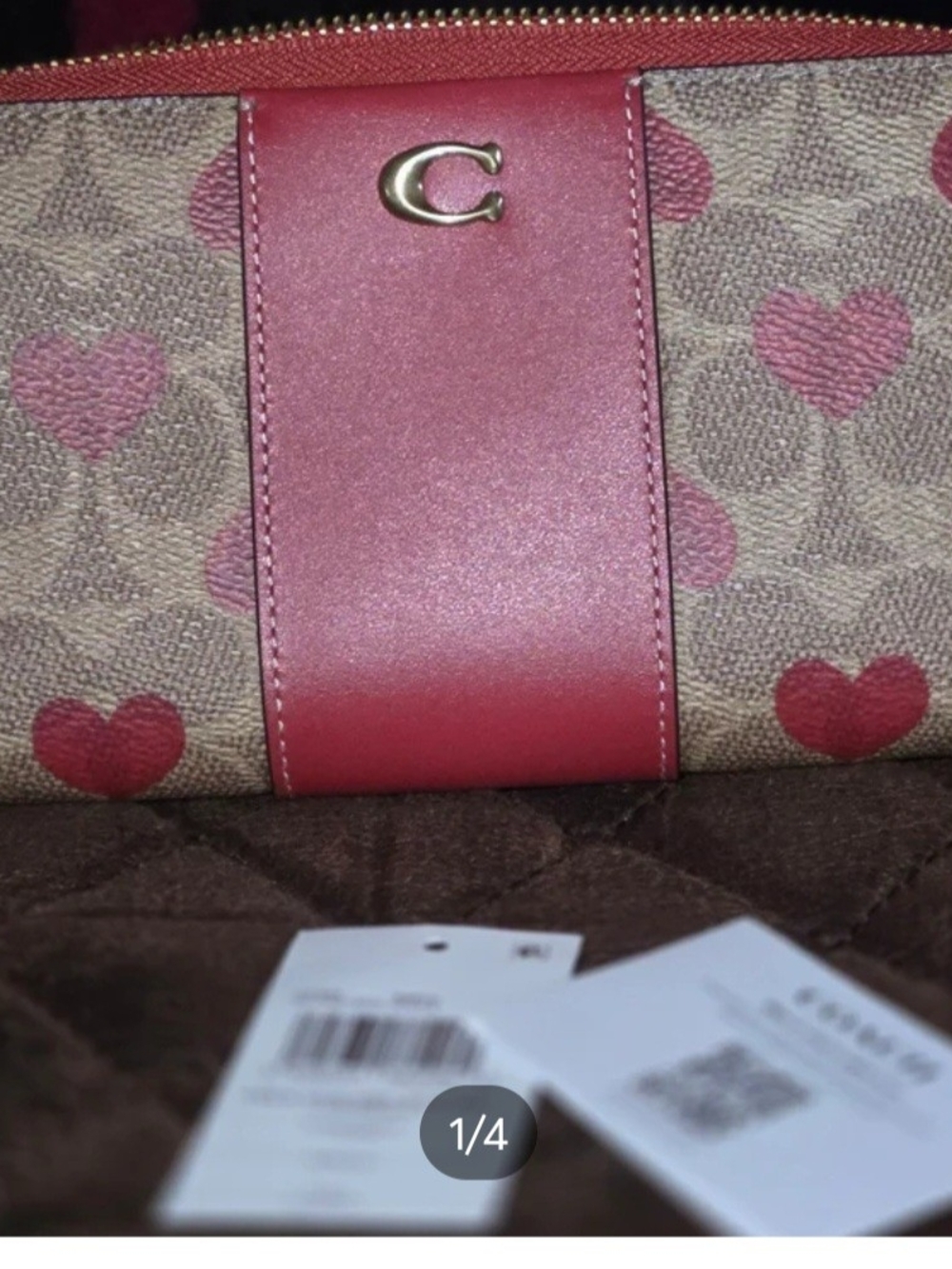 Coach Beige Signature Wallet with Pink Heart Print